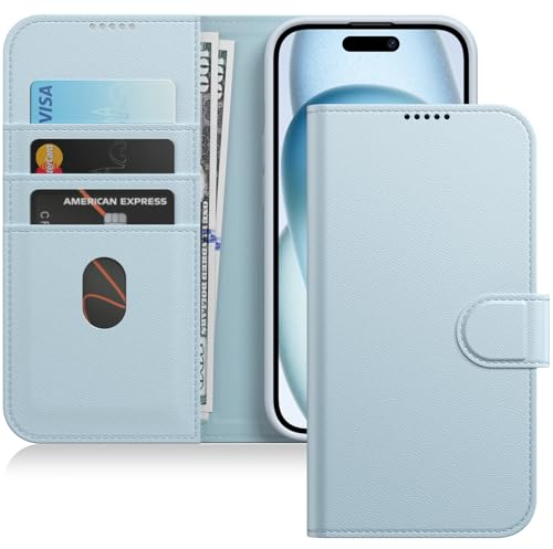 JETech Wallet Case for iPhone 15 6.1-Inch, Shockproof PU Leather Magnetic Flip Cover with Card Holder, Stand Feature and Full Camera Protection (Blue)