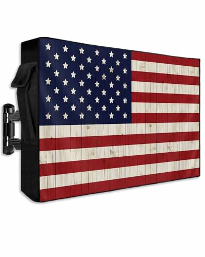 LBCASA American Flag Outdoor TV Cover 48 to 50 Inch Weatherproof, Farmhouse US Flag 600D Oxford TV Covers with Waterproof Zipper, Wood Texture Outside Flat TV Screen Protector Size 48W x 30H x 4.5D
