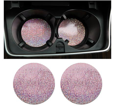 Adunsiaoto 2 Pieces Cup Holder Rhinestone Mat for Car, Shiny Diamonds Crystal Anti-Slip Soft Mats Car Mug Holder, Vehicle Interior Accessories Sparkly Silicone Anti Slip Crystal Mats(Pink)