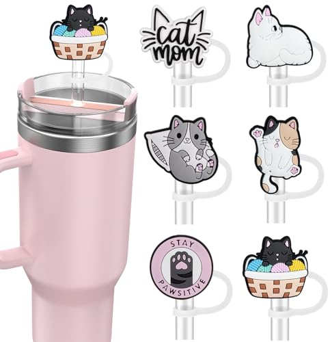 6PCS Straw Covers for Stanley Cup Tumbler 30 oz / 40 oz Leak Proof Straw Toppers 10mm Silicone Cute Caps for Stanley Cup Accessories-Cute Cat
