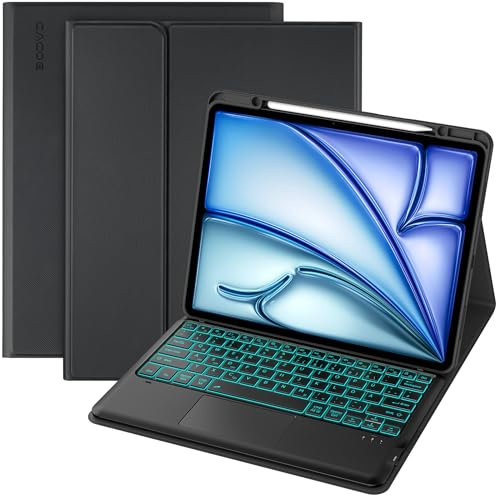 CACOE Hülle Tastatur mit Touchpad Kompatibel mit iPad Air 13 Zoll M3 / M2 (2025/2024) / iPad Pro 12.9 2021/2022, 7-Farbige Beleuchtung Abnehmbare Kabellose Tastatur,Schwarz