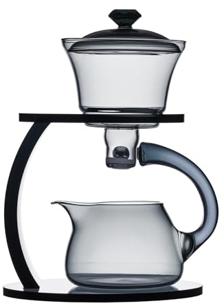 MOZEO Juego de tetera de cristal semiautomática giratoria por goteo con infusor Lazy Kungfu, resistente al calor, juego de té (gris)