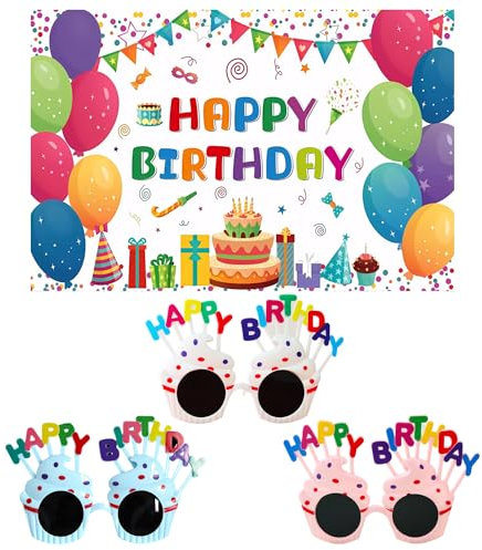 1 paño de fondo de cumpleaños, 3 vasos, pancarta de feliz cumpleaños, decoración de cumpleaños, pancarta personalizada, pancarta colorida, fondo de cumpleaños