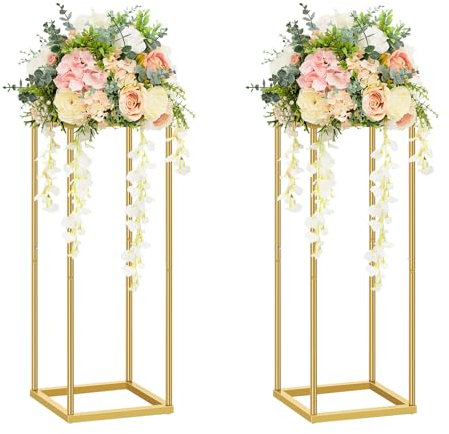 Gold Vase für Hochzeitsdekorationen, 2 Stück 60 cm Hoch Blumenständer Metallbodenvasen Geometrisch Mittelstück Steht Rechteckig Präsentationsständer für Hochzeiten Party Dekorationen