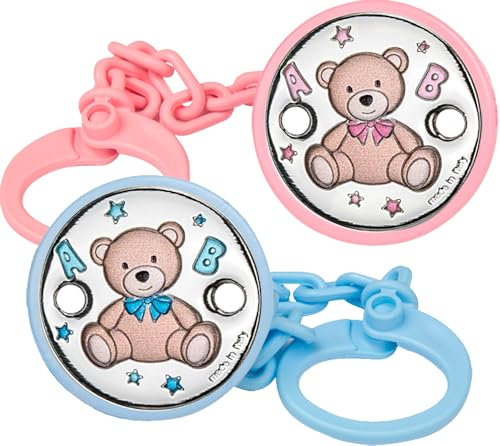 Pinza de Chupete con Aplique Laminado en Plata de Ley 925‰, Diseño de Osito, Disponible en Azul y Rosa. (E3201)