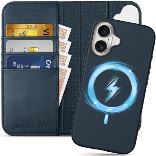 SHIELDON Case for iPhone 16 Plus, Genuine Leather Detachable 2 in 1 Wallet [Card Holder][Magnetic Wireless Charging][Kickstand][RFID Blocking] Removable Case Compatible with iPhone 16 Plus - Navy Blue