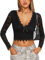 Navneet Women Lace Top Low Cut Going Out Tops Sexy Y2k Tops Long Sleeve Crop Top Party Club Black S