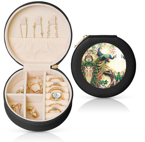 GaxfjRu Orientalischer Pfau auf Blumenbaum, Reise-Schmuckkästchen, Verlobungsring-Box für Damen und Herren, PVC-Leder mit Samtfutter