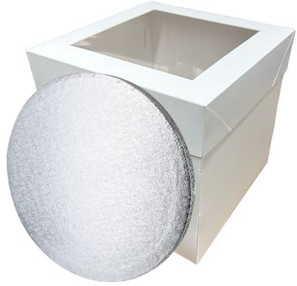 LARRYROO Tall White Cake Box Extra Deep with Clear Display Window & Silver Round Cake Drum Board Combo (10)