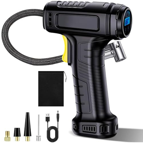 Cordless Tyre Inflator Air Compressor, 150PSI 12V Rechargeable Battery Protable Handheld Car Tyre Inflator, Electric Digital Tyre Pump With LED Light & 4 Air Valve for Car Motorcycle Cycle Ball