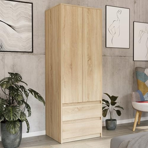 Moderner Kleiderschrank mit 2 Schubladen, 2-türiger Kleiderschrank Garderobenschrank, Platzsparender Schrank für Schlafzimmer, Ankleidezimmer, Flur, Kinderzimmer, 63x55x180 cm (BxTxH), Sonoma
