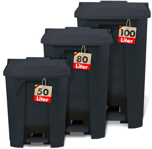 Floordirekt Mülleimer 80 Liter, grauer Deckel, Abfalleimer für Küche und Büro, Mülltrennsystem, Tretmülleimer mit Step-On-Mechanismus, Papierkorb, Mülltonne Olaf