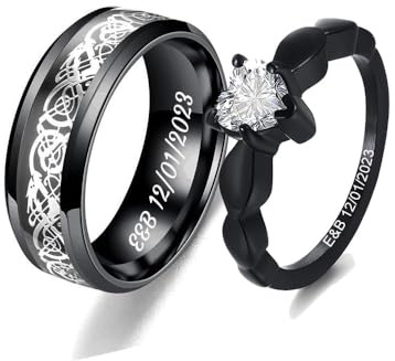 Poening Pärchen Ringe für 2 mit Gravur Verlobungsringe Paar Schwarz Partnerringe mit Namen Ring Hochzeit Ringe Damen und Herren Hochzeitsgeschenk Personalisiert,Größe 49-69