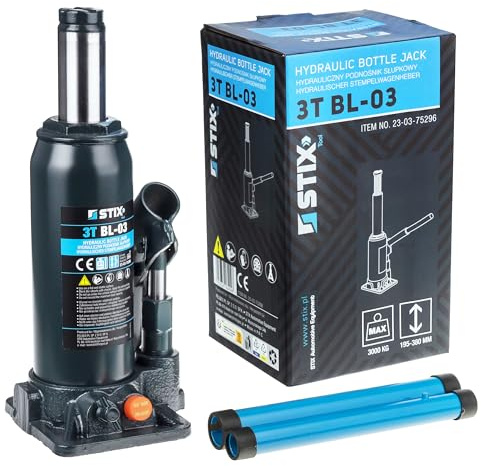STIX Hydraulischer Flaschen-Wagenheber BL-03, Stempelwagenheber mit 3 Tonnen Tragkraft, 195-390 mm Hubhöhe, Kompakt-Wagenheber