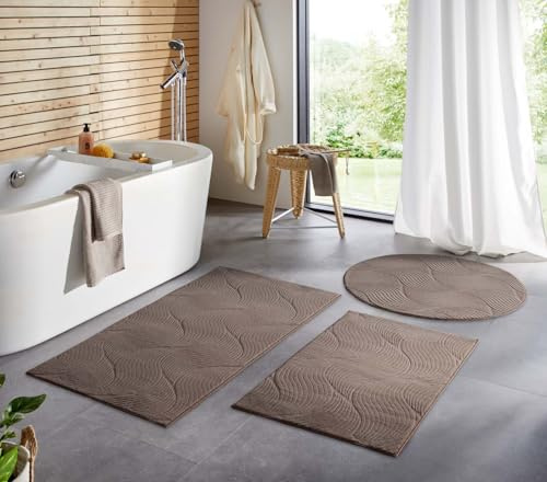 Taracarpet Badematte Homestyle rutschfest waschbar Badezimmerteppich Bad-Vorleger, WC Deko, Duschvorleger für Dusche und Badewannen sehr weich und kombinierbar Taupe Dühne 080 cm rund