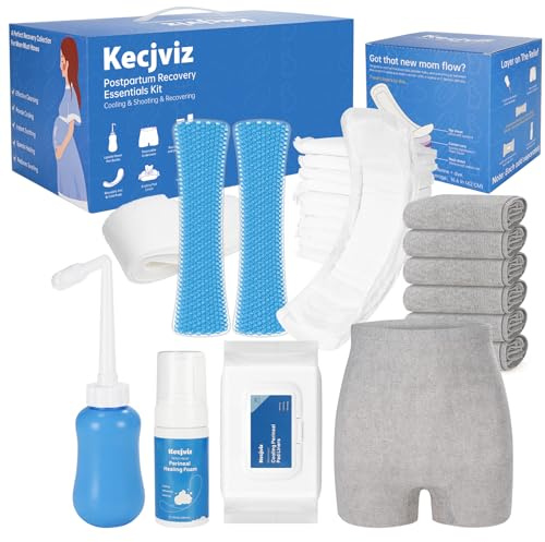 Postpartum Recovery Kit - 20 Pcs Hospital Bag Must Haves with Upside Down Peri Bottle, Disposable Underwear, Maternity Pads, Witch Hazel Foam & Reusable Cold Pads