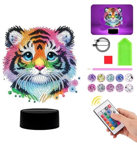 Demiawaking Diamond Painting Nachtlicht Tiere Set, Diamant Malerei Nachttischlampe Tischlampe LED Tisch Deko, DIY 5D Diamant Painting Lampe Tiger Leopard Kit Geschenke (Tiger)
