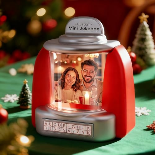 VEELU Personalisierte Jukebox Retro Musikbox mit Foto, Namen & Datum 2 Songs, Mini Player mit Musik Radio Vintage Tischplatte Heimdekor, Personalisierte Geschenke für Paar Weihnachten Valentinstag