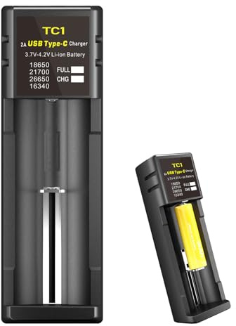 Intelligent 2a Schnell-Ladegerät Für 18650 21700 26650 20700 22700 32650 26700 Li-Ion Akkus Mit USB-C, Single-Slot 3,7v Ladegerät, Kompatibel Mit Imr Inr Icr Zellen Bis 75 Mm Länge
