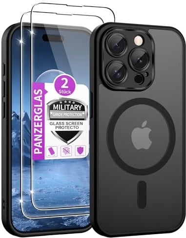 Jshru Handyhülle für iPhone 15 Pro Hülle mit 2Stk Panzerglas Kompatibel mit Magsafe,Dünn Magnetisch iPhone 15Pro Case Militärschutz Stoßfest Schutzhülle Matt Cover für iPhone15 Pro,Schwarz