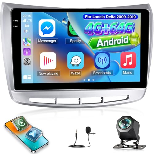 NHOPEEW 4+64G Android Autoradio per Lancia Delta 2009-2019 | Wireless Carplay Android Auto - Schermo incell da 9 pollici Supporto WiFi GPS Comandi al volante + Telecamera di retromarcia