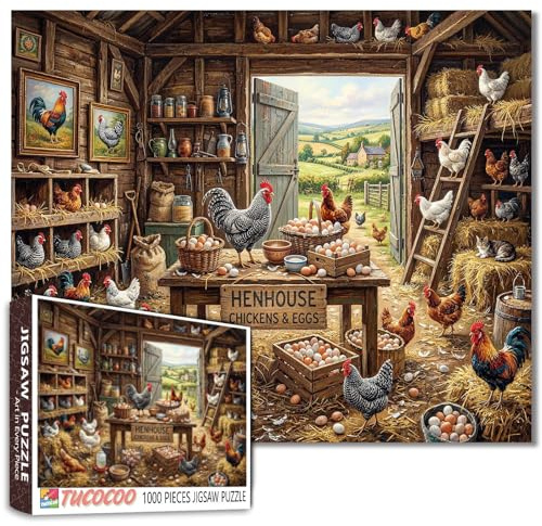 Chickens Puzzle Eggs Roosters and Wooden Crates Jigsaw Henhouse Country Scene 1000 Pieces for Adults Beginner Challenging Family Activity Games DIY Crafts for Home Decor Gifts