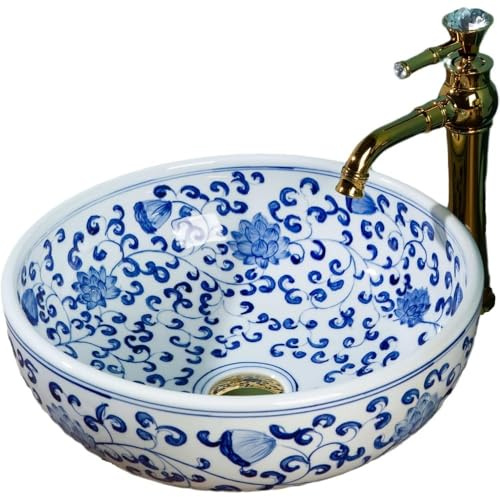 HYFZXWX Vasque en céramique peinte à la main style oriental – Lavabo rond en porcelaine bleu et blanc, vasque à poser housse/A/41X15CM