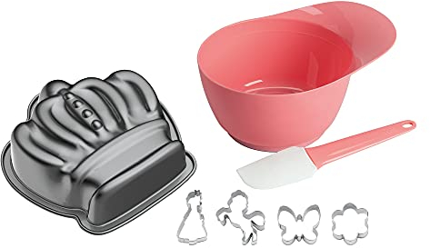 Original Kaiser Kinderbackset Prinzessin Violetta 7-teilig, Krönchen-Backform antihaftbeschichtet, Kunststoff-Rührschüssel, Teigschaber, Edelstahl-Ausstecher, spülmaschinengeeignet