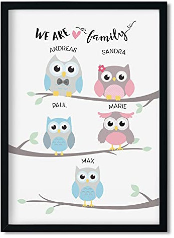 Eulen-Familie personalisierbar - Kunstdruck ohne Rahmen