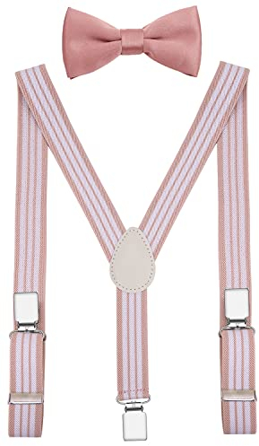PZLE Herren Jungen Fliege und Hosenträger Set Verstellbar Elastisch, Rosa mit weißen Streifen, 119 cm (Erwachsene)