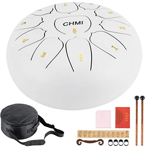 Steel Tongue Drum 11 Noten 10 Percussion Instrument Handpan Drum mit Tasche Notenbuch Schlägel Fingerpicks Schlagzeug Schlägel Halter (10 Zoll Weiß)