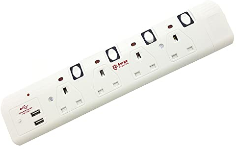 Innoteck 2M 4 Way Switched Extension Lead with 2USB ports - Neon Surge Protection Guard - White