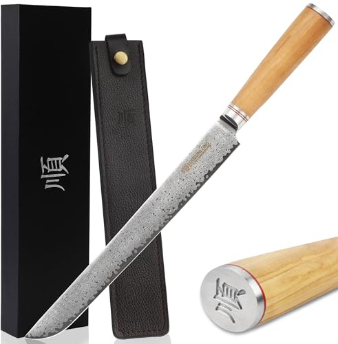 YOUSUNLONG Sakimaru-Messer 11 Zoll (279 mm) Sashimi-Sushi-Messer - Japanischer gehämmerter Damaststahl Filetmesser - Fleisch, Fisch, Lachs – Griff aus italienischem Olivenholz mit Lederscheide