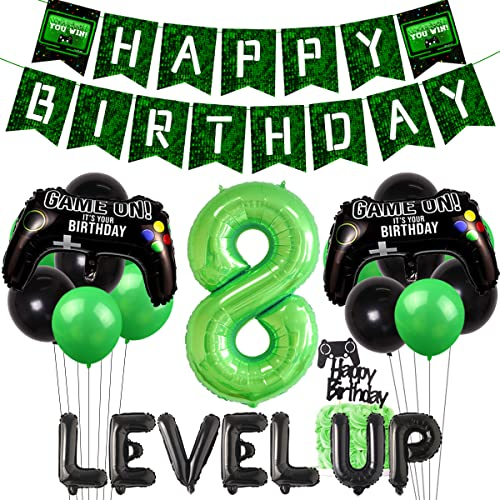 Videospiel 8. Geburtstag Dekorationen für Jungen Grün Schwarz Luftballons Level Up 8 Game Controller Ballon Happy Birthday Banner Gaming Thema Geburtstag Party Supplies