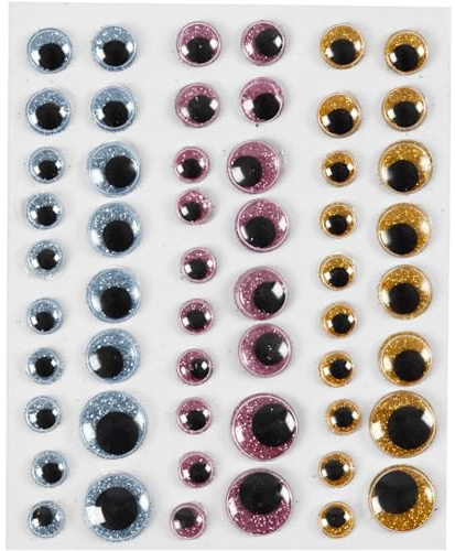Wackelaugen selbstklebend, D: 8+10+12+15 mm, Hellblau, Gold, Rosa, 54 Stk/ 1 Bl. creotime
