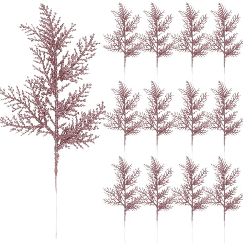 12 Pcs Artificial Christmas Glitter Leaves Picks, Christmas Glitter Pine Needles Branches Spray Glitter Frosted Branches for DIY Accessories Christmas Floral Decorations Wreath Garland (Rose Gold)