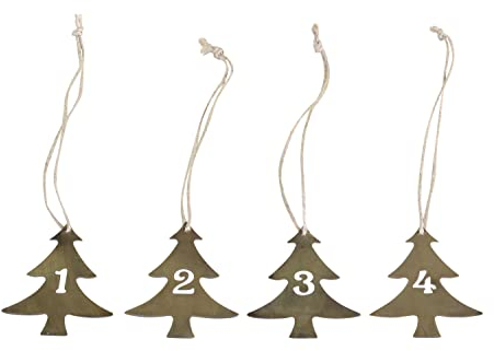 Weihnachtsschmuck -Adventskalender - Adventszahlen Chrismas Tree zum Anhängen - Zahlen von 1 bis 4 - Anhänger Eisen in Messingoptik - 4 Teiliges Set