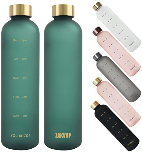 ZAKVOP 32oz Water Bottles with Times to Drink, Motivational Water Bottle with Time Marker, BPA Free Reusable Water Bottle with Hydrating Reminder for Gym Fitness Workout Travel (Grün)
