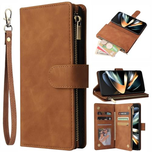 Asuwish Funda para Samsung Galaxy Z Fold 4 5G Funda con Tarjetero Plegable Cuero Monedero Soporte para ZFold4 Z4 Fold4 Teléfono Móvil Fundas Teléfono Cremallera Fundas Wallet Cover Case Marrón