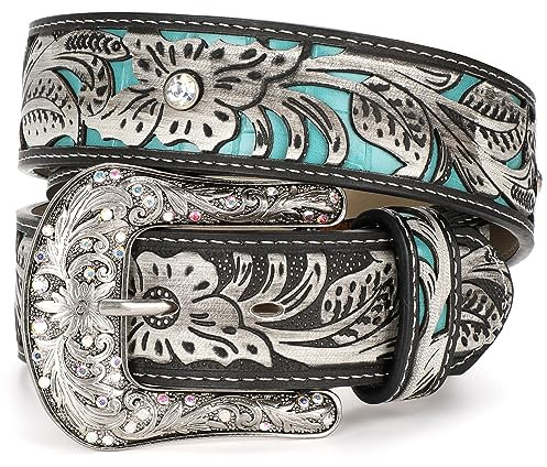 JasGood Damen Herren Western Ledergürtel Vintage Gürtel Gravierter Cowboy Cowgirl Landgürtel mit Retro Schnalle für Jeans Hosen Kleider,Grau,Passt Taillenumfang 106cm-120cm