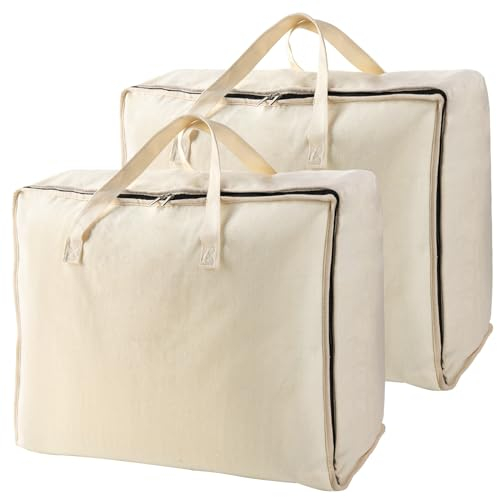 Belinlen 2-Pack Canvas Storage Bag 12oz Cotton Natural Closet Soft Storage Bag Sweater Organizer Box with Zipper and 2 Strong Handles, Beige