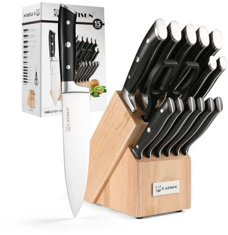 KATISUN 15 Piece German Steel Knife Set with Polished Handles for Comfort and Durability, Knife Block with Knives, Professional Kitchen Knife Set