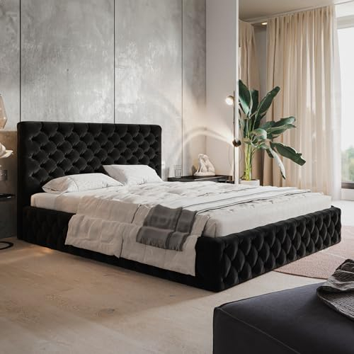 MOTIVENA Dalia Chesterfield Polsterbett 120x200 mit Bettkasten, Chesterfield Bett 120x200 mit Stauraum, Bett Kopfteil Samt, ohne Matratze, Bett Samt, Polsterbett 120x200 Schwarz