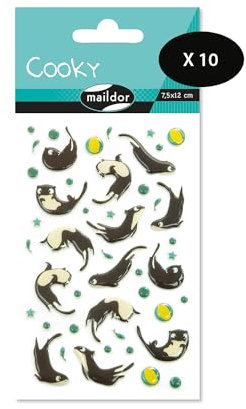 Maildor CY096Cpack - Packung mit 10 Bögen 3D Sticker Cooky - Aufkleber, 7,5x12cm, Fischotter - Otter, 470 Stickers, 1 Pack