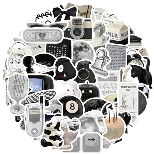 Fadwits 61pcs Black and White Retro Stickers, Waterproof, Aesthetic, Personalised, Fashion, Cool Sticker Set for Laptop, Water Bottle, Luggage, Skateboard, Journal, Scrapbooking