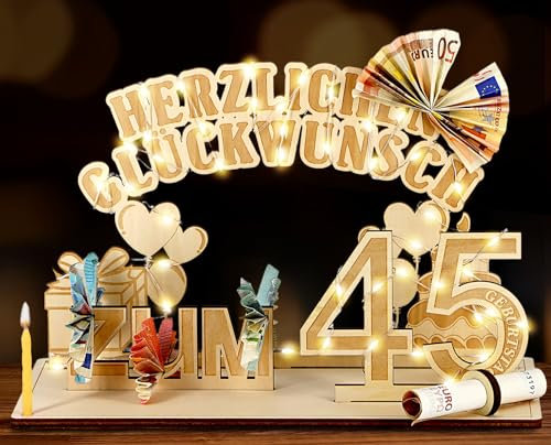 Giftota Original 45. Geburtstag Geldgeschenke Holz mit LED Lichterkette, Geschenke zum 45 Geburtstag Mann Frau, 45. Geburtstag Dekoration
