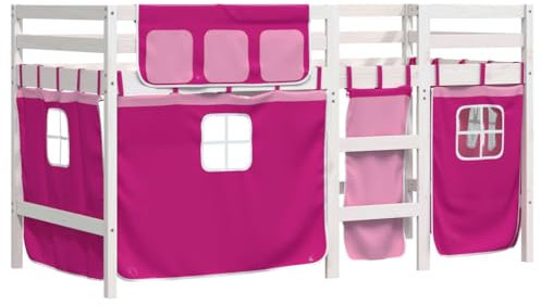 vidaXL Kinder Hochbett, Kinderbett mit Vorhängen Leiter, Spielbett Bett für Kinder ab 6 Jahren, Etagenbett Bettgestell, Rosa 90x200cm Massivholz Kiefer