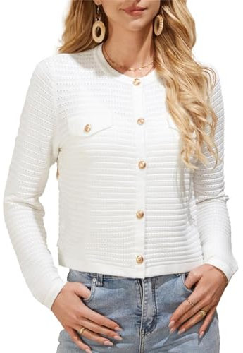 GRACE KARIN Women's Cardigan Button Long Sleeve Crew Neck Knitwear Summer Sweater Cardigans White S