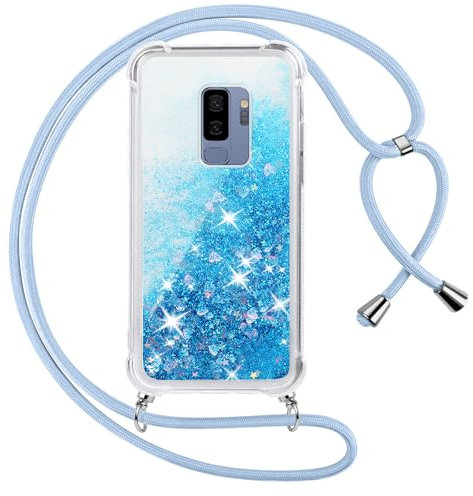 Vauki handyband für Samsung Galaxy S9 Plus Hülle mit Band, Silikon Durchsichtig Transparent Flüssig Glitzer mit Kette Kordel Treibsand Necklace TPU Schutzhülle Case für Samsung S9+, Blau