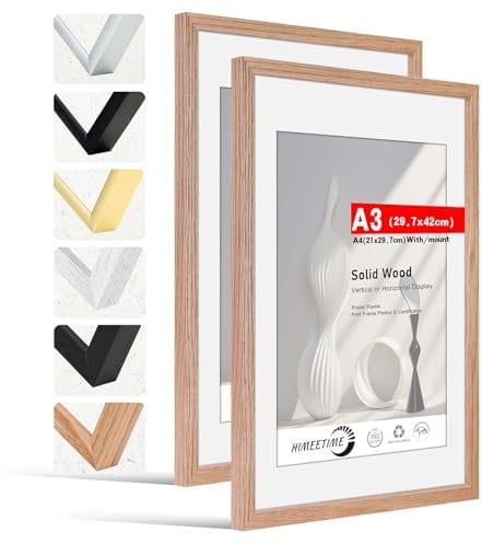 HIMEETIME® 2x Bilderrahmen DIN A3 30x42 cm,aus massivem Eichenholz,Natur Eiche Holz Rahmen,Bild mit Passepartout Display A4(21x30cm),für Wandbehänge oder Tischdekoration